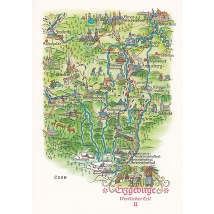 Erzebirge Ore Mountain Range Bohemian Border German Germany Map Postcard