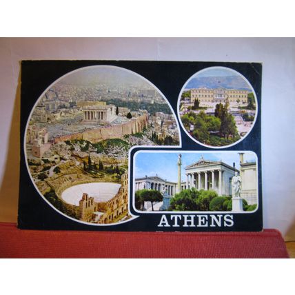 multiview, ATHENS, GREECE used postcard stamp missing #