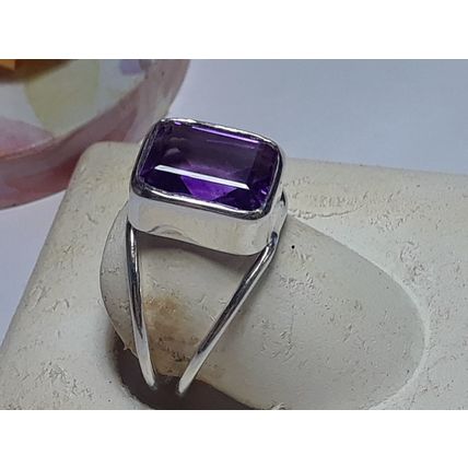 4ct Emerald Cut Amethyst 11X9mm Bezel Sterling Silver S-9 Split shank Ring#19496