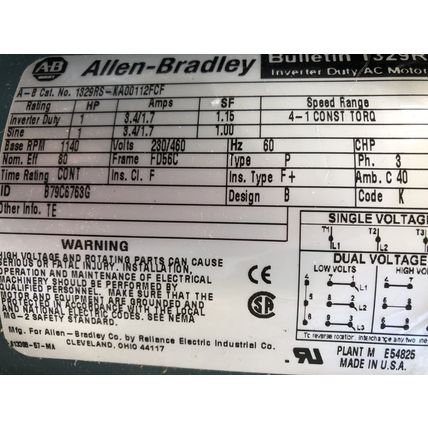 NEW 1329RS-KA00112FCF 3PHASE ALLEN BRADLEY MOTOR 1HP,BULLETIN 1329R,TB