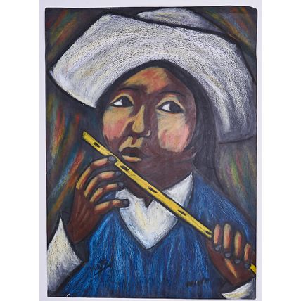 Vintage Ecuador Painting, Arturo Nieto, Girl Playing a Flute, 49.5 x 35.2 cm