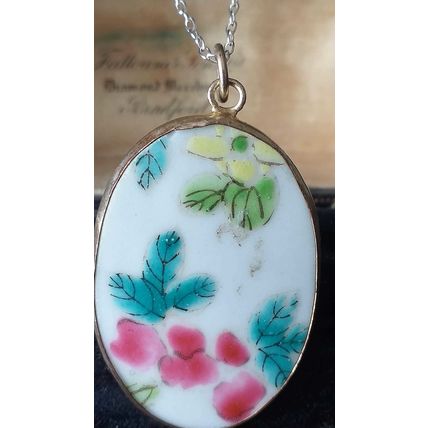 Antique Vintage 1940-s Silver Ceramic Pendant on Modern 18 inch Chain.