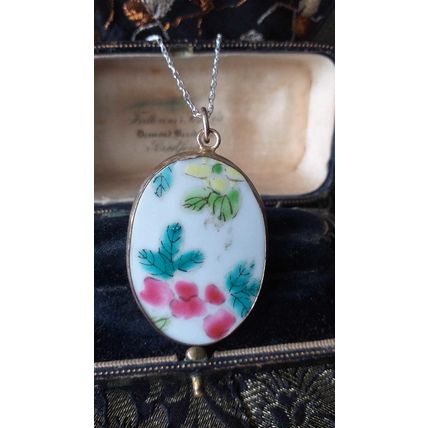 Antique Vintage 1940-s Silver Ceramic Pendant on Modern 18 inch Chain.