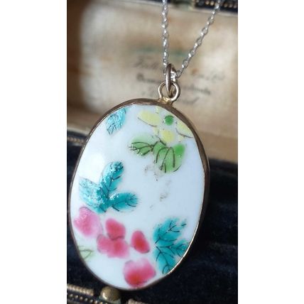 Antique Vintage 1940-s Silver Ceramic Pendant on Modern 18 inch Chain.