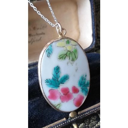 Antique Vintage 1940-s Silver Ceramic Pendant on Modern 18 inch Chain.