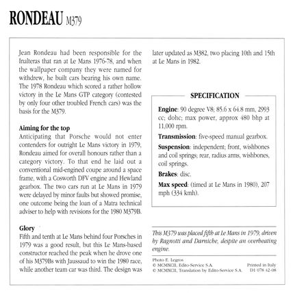 Collectors Club card. Classic Cars. Rondeau M379 racing car