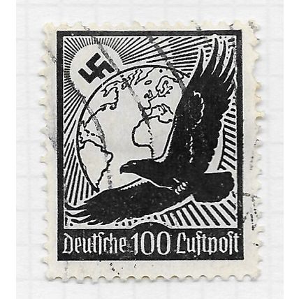 REICH GERMANY 1934 AIRMAIL GOLDEN EAGLE WORLD GLOBE SWASTIKA 100Pf USED Mi 537