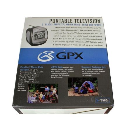 GPX TVP5 Portable Tv 5” Black White AM-FM Radio 3 Way Power