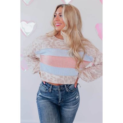 Leopard Animal Print Contrast Stripes Patchwork Puff Sleeve Knit Top