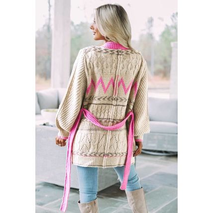Gray Geometric Cable Knit Pocketed Open Front Cardigan
