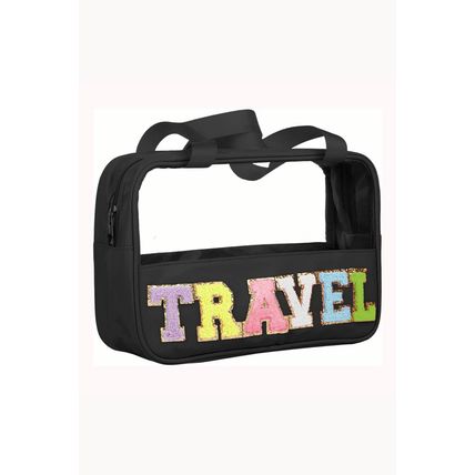 Black TRAVEL Chenille Letter Clear PVC Makeup Bag
