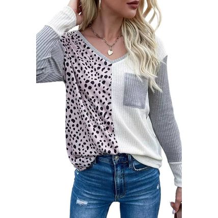 Leopard Patchwork Ribbed Color Block V Neck Top
