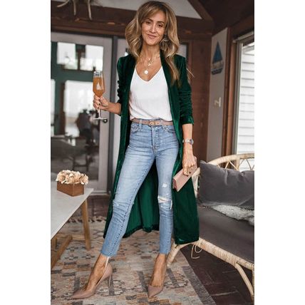 Green Velvet Open Front Pocketed Long Duster