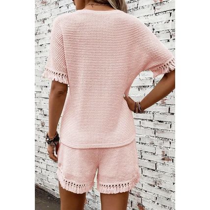 Pink Fringe Trim Textured Short Two Piece Set