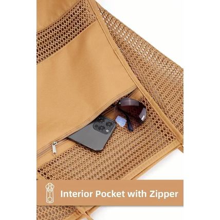 Light French Beige Hollowed Zipped Interior Pocket Nylon Tote Bag