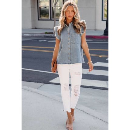 Beau Blue Frayed Ruffle Sleeve Denim Shirt