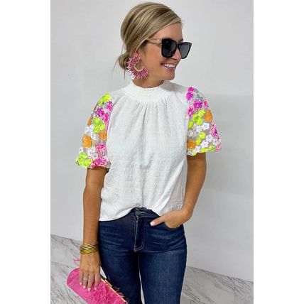 White Smocked Collar Sequin Flower Puff Sleeve Textured Top