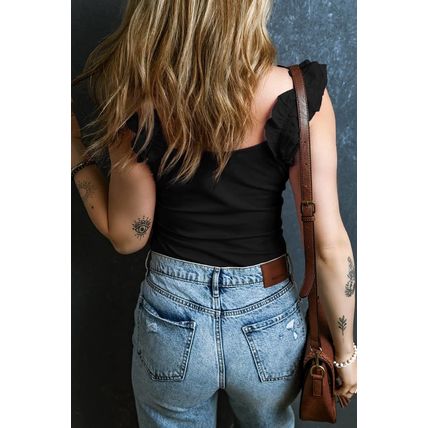 Black Ruffled Wide Straps Slim Tank Top