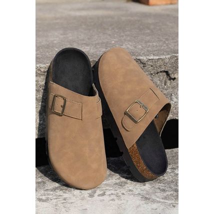 Light French Beige Suede Buckle Detail Slippers