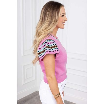 Bright Pink Contrast Printed Cap Sleeves Crewneck Sweater