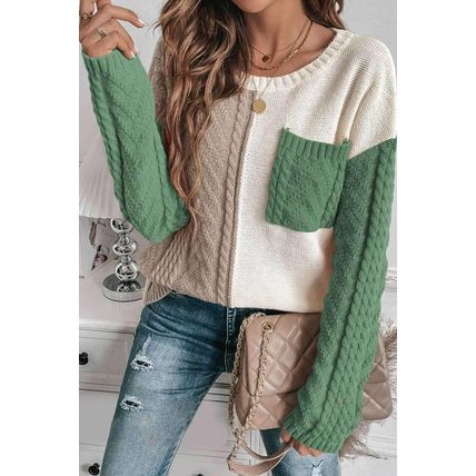 Vineyard Green Colorblock Patched Pocket Drop Shoulder Sweater