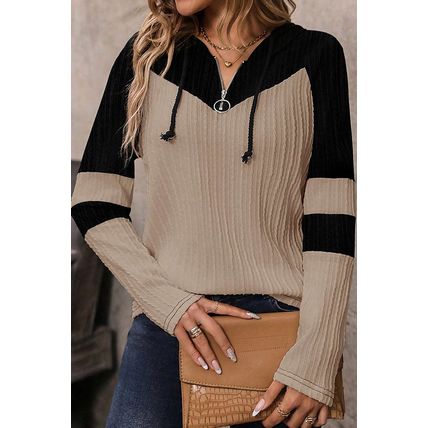 Parchment Textured Colorblock Long Sleeve Quarter Zip Drawstring Hooded Top