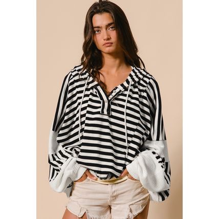 Black white Oversized Striped Henley Buttons Dolman Sleeve Hooded Top