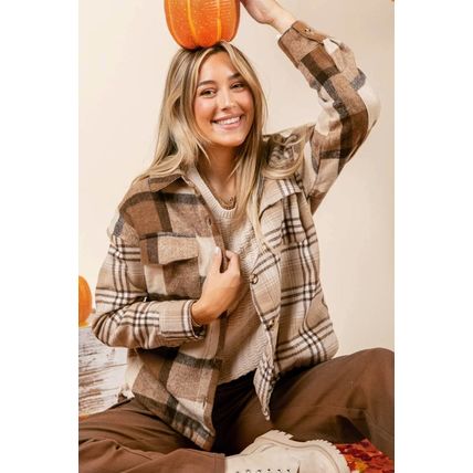 Light French Beige Flannel Plaid Double Flap Pocket Shacket