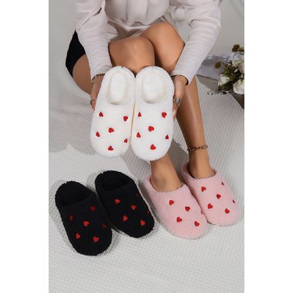 Pink Heart Shape Embroidered Slip On Plush Slippers