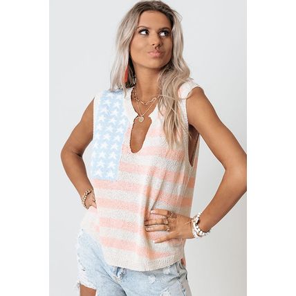Beige USA Flag Notched Neckline Loose Sweater Vest