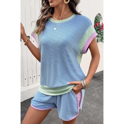 Beau Blue Corded Knit Contrast Trim Round Neck Cap Sleeve 2pcs Short Set