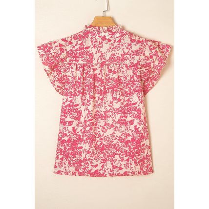 Rose Allover Printed Half Button Neck Ruffle Sleeve Blouse