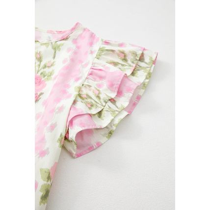 Pink Floral Print Ruffled Sleeve Summer Top