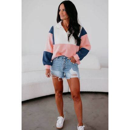 Pink Colorblock Patchwork Half Button Baggy Sweatshirt