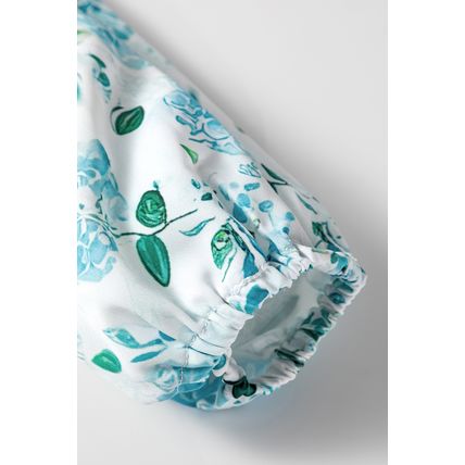 Sky Blue Floral Print Frilled Trim Tie Neck Elastic Cuffs Long Sleeve Blouse