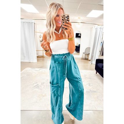 Lapis Mineral Wash Lace-up High Waist Raw Hem Patched Pocket Pants