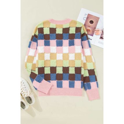 Multicolour Plush Checkered Pattern Button Front Cardigan Sweater