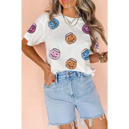 White Sequin Pumpkin Face Patched Crew Neck Holiday T Shirt