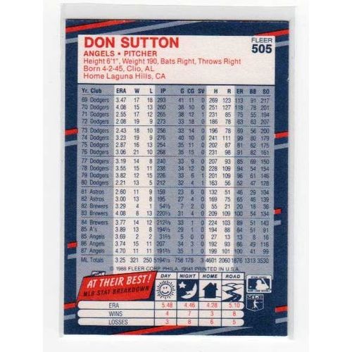 1988 Fleer Don Sutton baseball card #505 – Angels