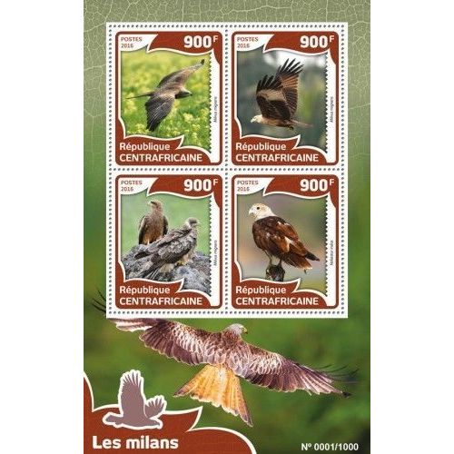 CENTRAL AFRICA 2016 SHEET MNH KITES BIRDS OF PREY WILDLIFE MILANS OISEAUX