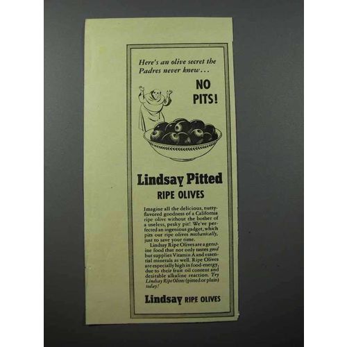 1940 Lindsay Pitted Ripe Olives Ad - Padres Never Knew