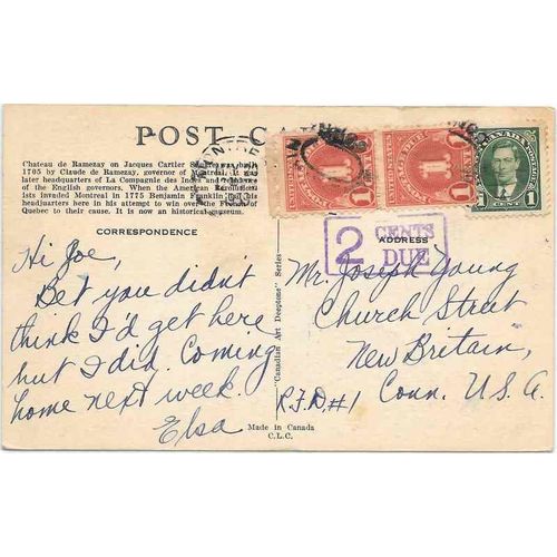 Canada Mufti on Postcard Postage Due 1939 to USA, nicely tied