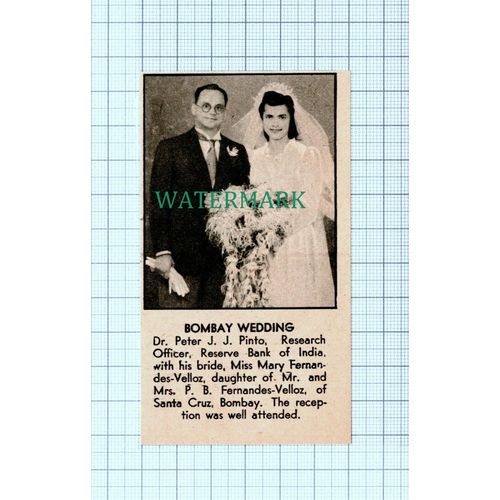 C5410) Dr Peter J J Pinto Miss Mary Fernandes-Velloz Bombay India - 1946 Cutting