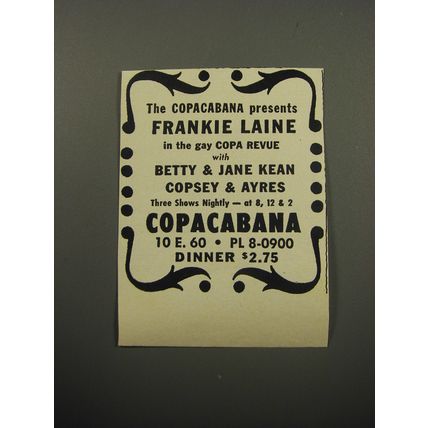 1951 Copacabana Club Ad - presents Frankie Laine in gay Copa Revue