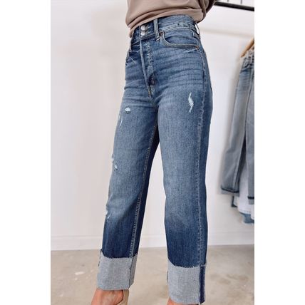 Blue High Waist Distressed Straight Leg Jeans