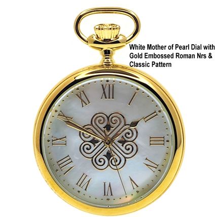 14K Gold Plated Men Big Heavy Brass Pocket Watch White MOP Dial + MOP Stone