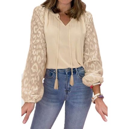 Leopard Mesh Bubble Sleeve Split Neck Blouse
