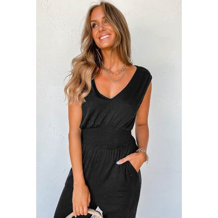 Black Shirred High Waist Sleeveless V Neck Jumpsuit