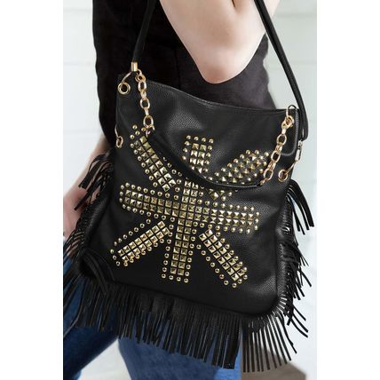 Black PU Leather Rivet Fringed Large One Shoulder Bag