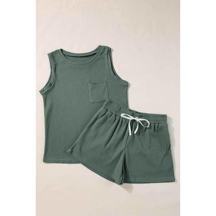 Mist Green Waffle Knit Patched Pocket Tank and Drawstring Shorts Set